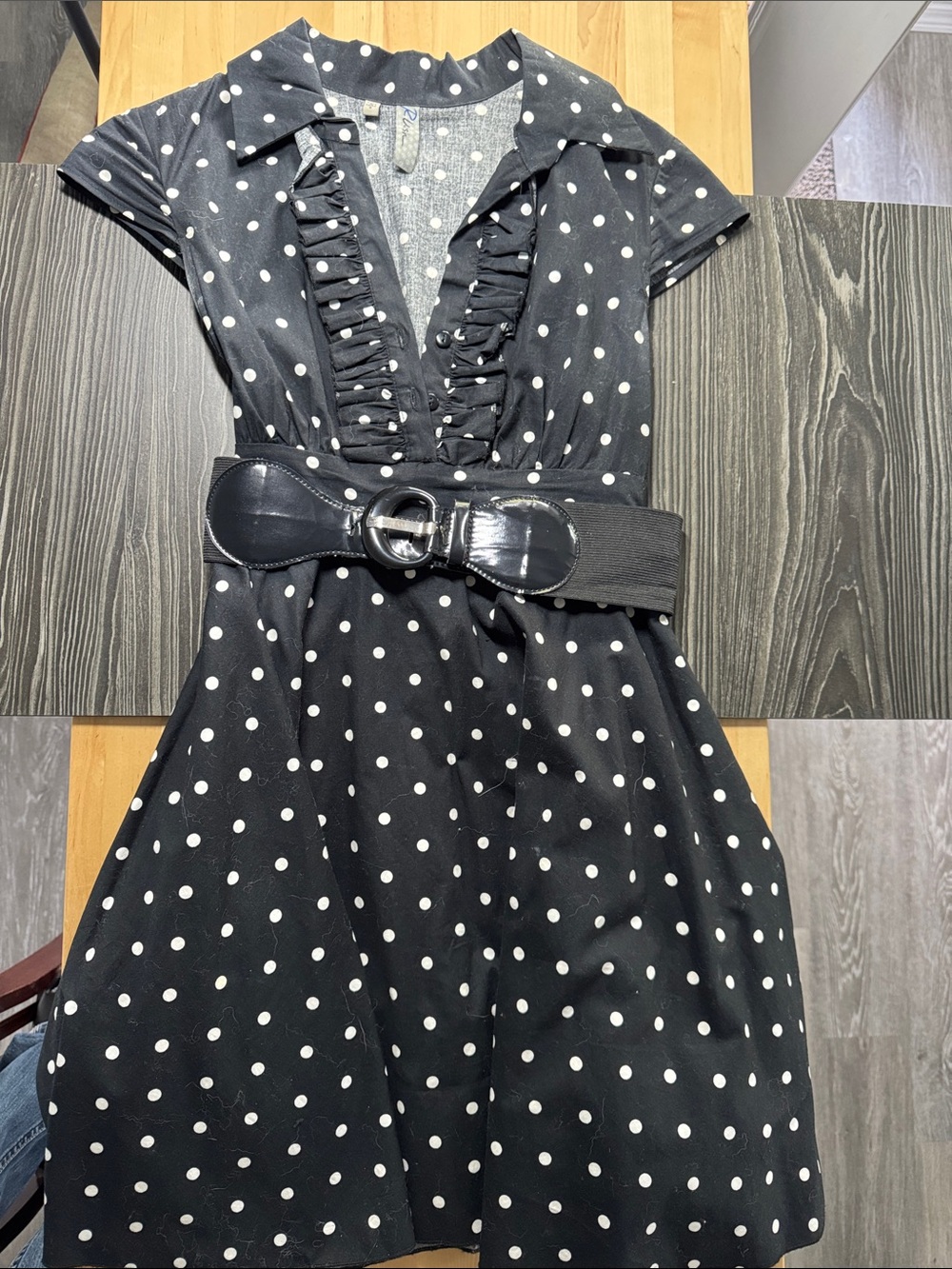 Polka Dot Ruffle V-Neck Dress in Black and White with tulle underneath.